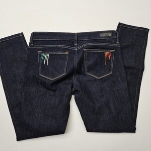 Uniqlo Women's Dark Blue Straight Leg Jeans Colorful Pocket Accents 27" waist